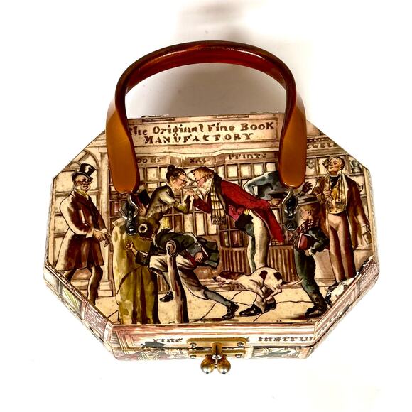 Vintage Box w Handle Decoupage Storage Trinket Catchall Book Academia Library - Picture 3 of 12